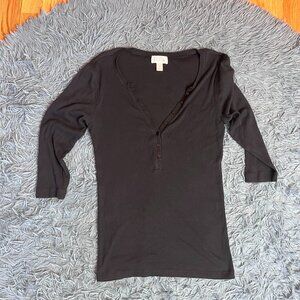 Ann Taylor Loft Black Ribbed Cotton Henley Top Size L